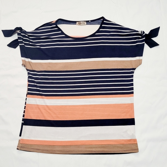 VINTAGE Lavish Women Top Blouse Striped Short Sleeve Scoop Neck Size S - Picture 1 of 8